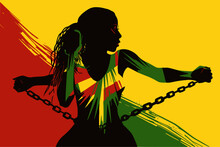Black Woman Frees Herself From Chains. For Juneteenth Freedom Day, Remembrance Of The Slave Trade And Its Abolition, Black History Month Or Keti Koti. Vector In African Colors, Yellow, Green And Red. 