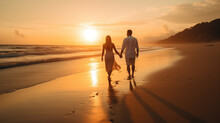 Men And Wife Walking Along The Beach In A Romantic Scene In Front Of The Warm Orange Light Of The Sundown. Generative AI.