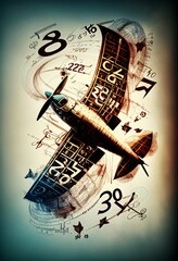 Abstract mathematical, chemical, physical formulas in the form of an airplane. Illustration by Generative AI.