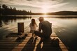 Father and young daughter fishing off the dock at a lake, sharing a special bonding moment while enjoying a relaxing outdoor activity and teaching valuable life skills, generative ai