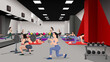 Full of people fitness gym interior. Women training with barbell and dumbbell. Room with sporty fitness girls. Healthy and active lifestyle concept. Yoga mat and fit ball on floor. Vector illustration