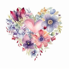 Canvas Print - Watercolor heart with flowers. Illustration AI Generative.