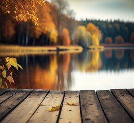 Wall Mural - Wooden dock on the lake and autumn forest, Generative AI