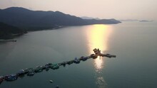 Aerial Bang Bao Fisherman Harbor Koh Chang Trat Province Thailand,drone Top View With Sunset.