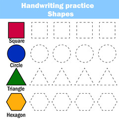 Handwriting practice sheet. Educational children game. Writing training. Kids activity. Learning geometry shapes printable worksheet