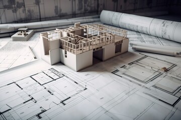 Aufkleber - Architecture 3D and blueprints representation, generative ai