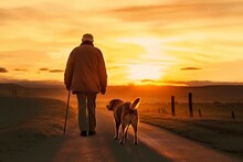 Old Man Walking His Dog In The Sunset