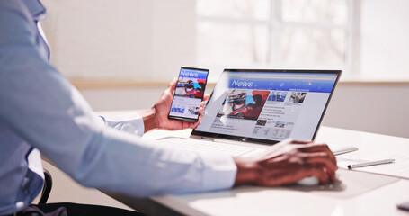 Poster - Watching News On Screen. Reading Newspaper Website