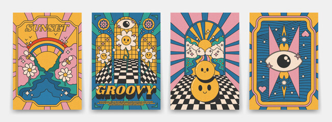 collection of bright groovy posters 70s. retro poster with psychedelic landscapes in the arch, cheer