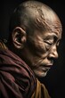 © holidayonmars - Buddhistischer Mönch, Meditierender Mönch Close-up Porträt, Nahaufnahme eines meditierenden Mönchs, Asiate, Alter Mann mit geschlossenen Augen, KI generiert