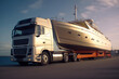 Truck towing large private business expensive luxury yacht ship boaton the interstate. Generative AI.