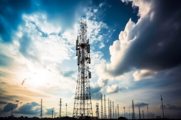 Cell phone or broadcast transmitter antenna tower with clouds background, high quality generative ai