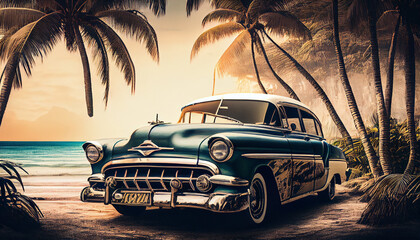 Wall Mural - A vintage car in the style of the 1960s stands under palm trees on the seashore. Vintage color toning illustration. AI generative.