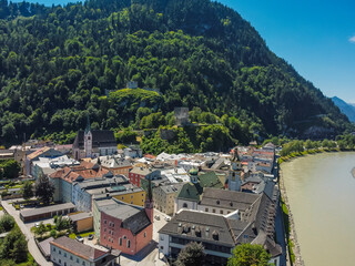 Aerial view Rattenberg town in Kufstein, Tirol. Austria by drone. Alps mountains. River Inn.