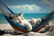 © serperm73 - The cat relaxes in a hammock by the sea on a sandy beach. AI generated.