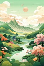 Spring Poster Traditional Painting Bright Green Tones Of A Hilly And Mountainous Landscape With A River And Flowering Meadows. Generative AI