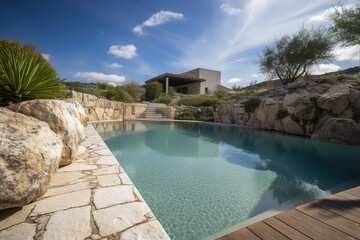 luxury home backyard swimming pool with natural rocks and relaxing cave - generative ai