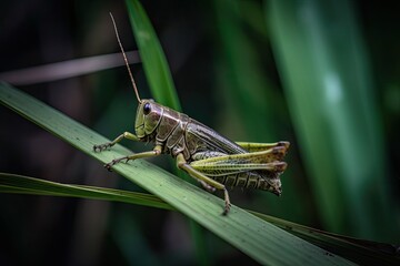 Wall Mural - Green large grasshopper with a consistent hue. macro stacking close-up photo. Generative AI