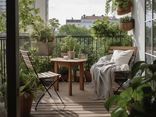 Cozy summer terrace with furniture and lush green plants. generative ai