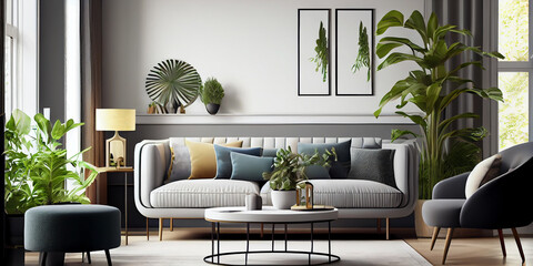 Stylish living room interior of modern apartment and trendy furniture, plants and elegant accessories. Home decor. Template, 3D style, 3D illustration. Generative Ai