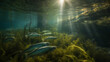 Forellen,  Schwarm von Fischen unter Wasser, erstellt mit Generative AI Technologie
