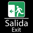 cartel para indicar la salida en español e inglés en blanco con un pictograma de un personaje en blanco en un cuadrado verde y una flecha verde a la izquierda todo sobre un fondo negro