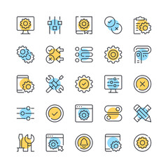 Fototapete - Settings line icons. Set of settings icons. Black, blue and yellow colors. Modern outline graphic design. Vector line icons set