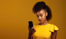 Isolated Shot Of Positive Smiling Woman Holds Modern Cellular,checks Bank Account Or Sends Message In Social Networks, Wears Yellow Clothes, Models Over Yellow Brown Background,generative Ai.