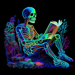 Multicolored skeleton reading a book. AI generative.