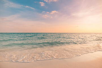 Wall Mural - orange golden sunset sunrise sky calm tranquil relaxing sunlight summer. closeup sea sand beach. pan