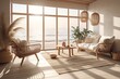 Sunny interior living room with large windows in Boho style. architectural visualization of a modern apartment. Generative AI