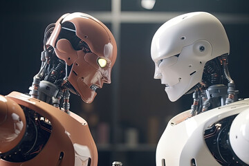 Two robots with angry faces look at each other . Epic battle between two mechanical characters. Generative AI