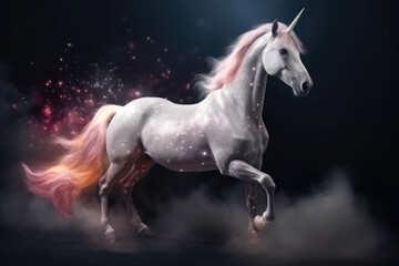  The unicorn with a pink mane and tail in a magical space. Generative AI