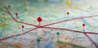 Find your way. Location marking with a pin on a map with routes. Adventure, discovery, navigation, communication, logistics, geography, transport and travel theme concept background.