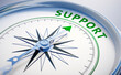 © peterschreiber.media - White compass with bright light, needle pointing to the word support - 3D illustration