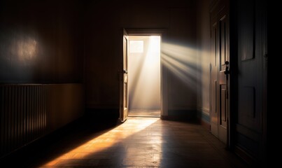 Poster -  an open door leading to a bright light in a dark room with a radiator on the wall and a radiator on the floor.  generative ai