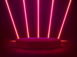 Aufkleber - illuminated interior with red neon lights and podium. 3d vector illustration