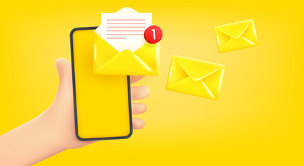 Poster - Man holding smartphone with new messages. 3d vector banner with copy space