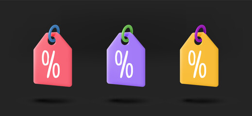 Aufkleber - Different color shopping tags collection. 3d vector isolated on black background