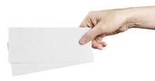 Male Hand Holding Two Blank Sheets Of Paper (tickets, Flyers, Invitations, Coupons, Banknotes, Etc.), Cut Out