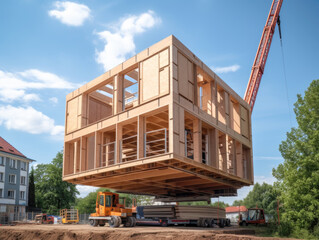 Delivery and installation of a modular frame house. Frame construction of small houses. Modular housing construction. Your house. An inexpensive house. Generative AI