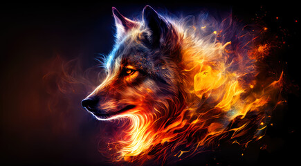 Poster - Wolf in flame. gnerative ai.
