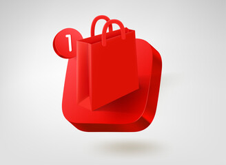 Fototapete - Red paper shopping bag on red platform. 3d vector mobile application icon