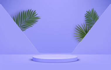 Poster - Bright illuminated violet interior with portal, podium and green leaves. Eco friendly product showcase template. 3d vector background