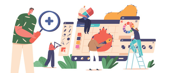 Graphic Design Creative Profession Concept With Tiny Male And Female Designer Characters Drawing On Huge Computer
