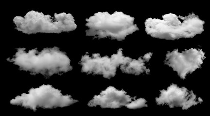 Wall Mural - White clouds collection isolated on black background, cloud set on black