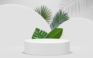Poster - Bright room with podiums and green leaves. Product showcase template. 3d vector background