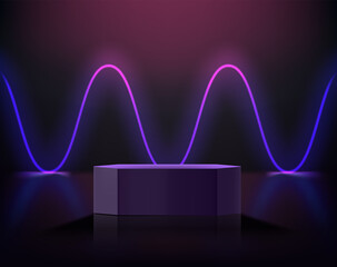 Poster - Dark room with waving glowing neon and podium. 3d vector showcase for display products