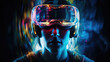 Closeup of man wearing colorful futuristic VR goggles by generative AI