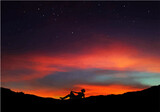 Fototapeta Konie - A silhouette boy stargazing laying on the mountain digital art 